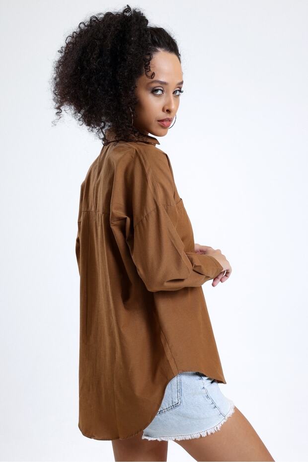 Kadın Kahve Cepli Oversize Uzun Basic Poplin Gömlek - 5