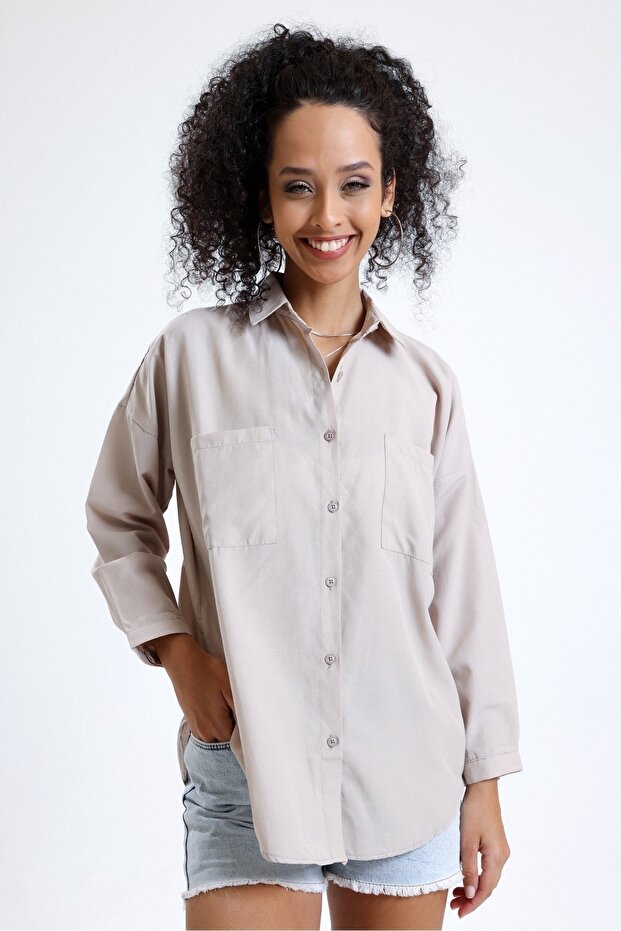 Kadın Bej Cepli Oversize Uzun Basic Poplin Gömlek - 1