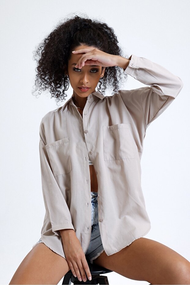 Kadın Bej Cepli Oversize Uzun Basic Poplin Gömlek - 5