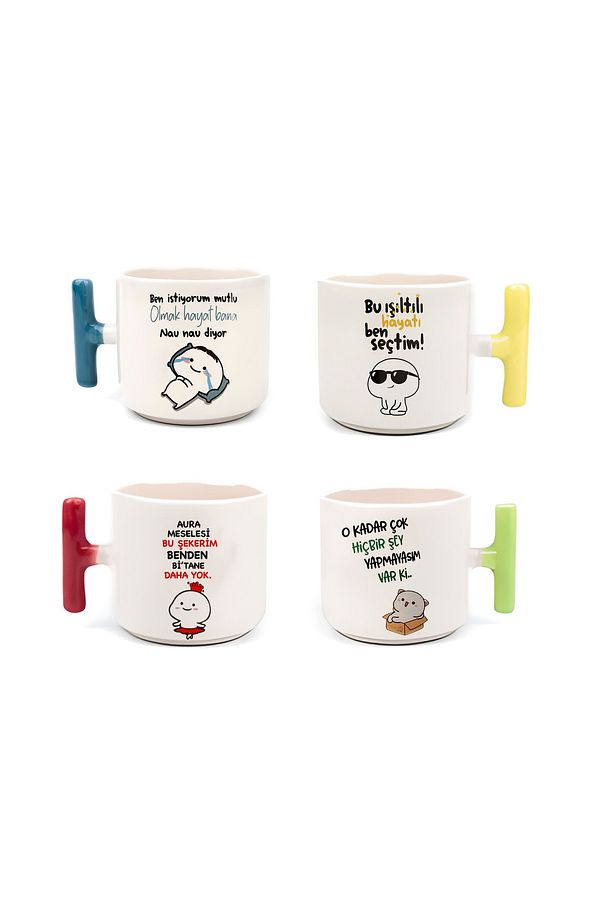 Sevimli Mochi Cat Baskılı Renkli T Kulp'lu Nescafe & Latte 4 Lü Fincan Set - 1