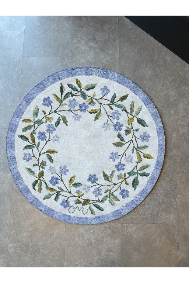 Blue White Floral Woven Base Round Carpet Mira 1433