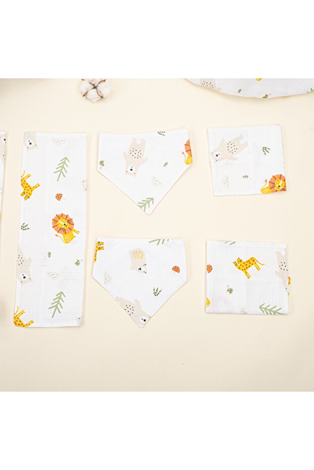 9 Parça Set - Aslan - Puset Seti,Müslin Örtü,Önlük Mendil Set,Emzirme Önlüğü - 6
