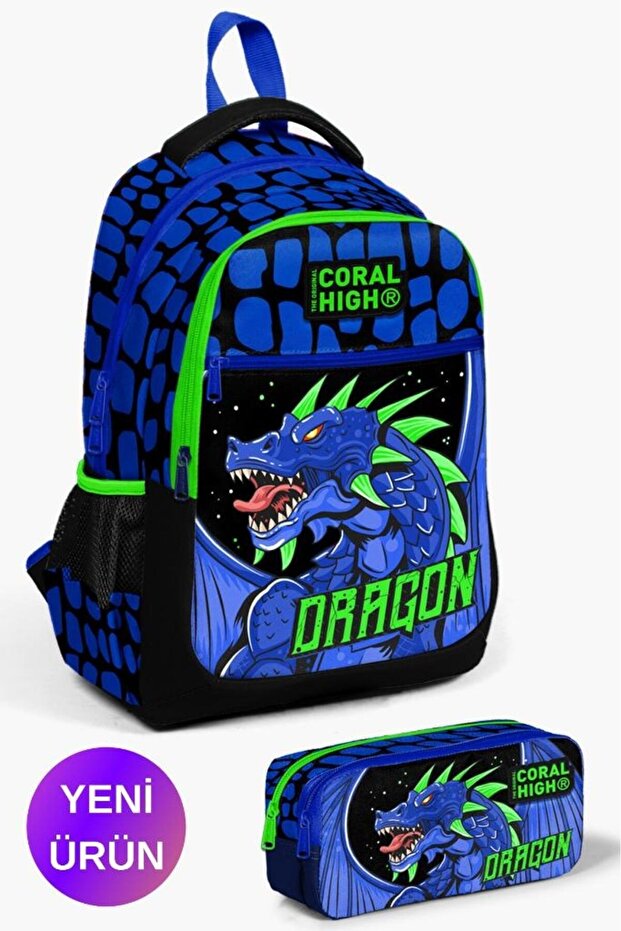 Kids Black Cobalt Blue Dragon Patterned 2-Piece School Bag Set GOSET0223485