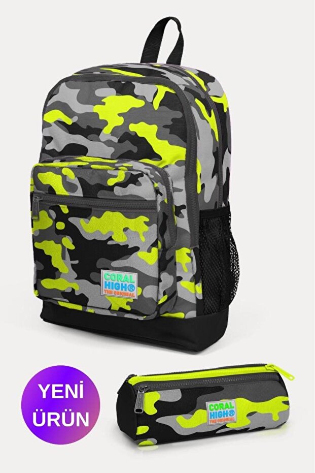 Kids Black Gray Camouflage Patterned 2-Piece School Bag Set GOSET0223117