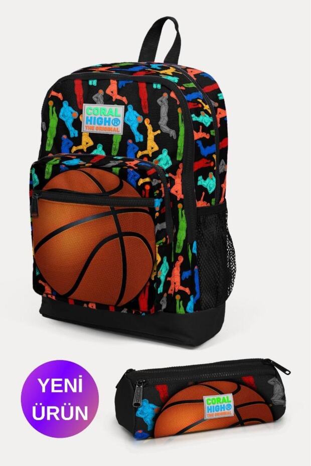 Kids Black Basketball Patterned 2-Piece School Bag Set GOSET0223471