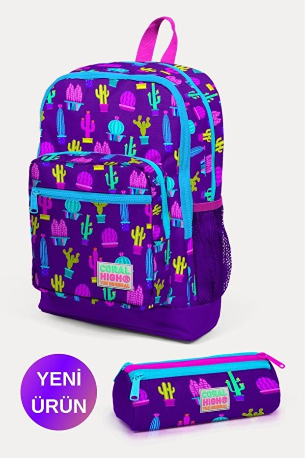 Kids Purple Pink Cactus Patterned 2-Piece School Bag Set GOSET0223108