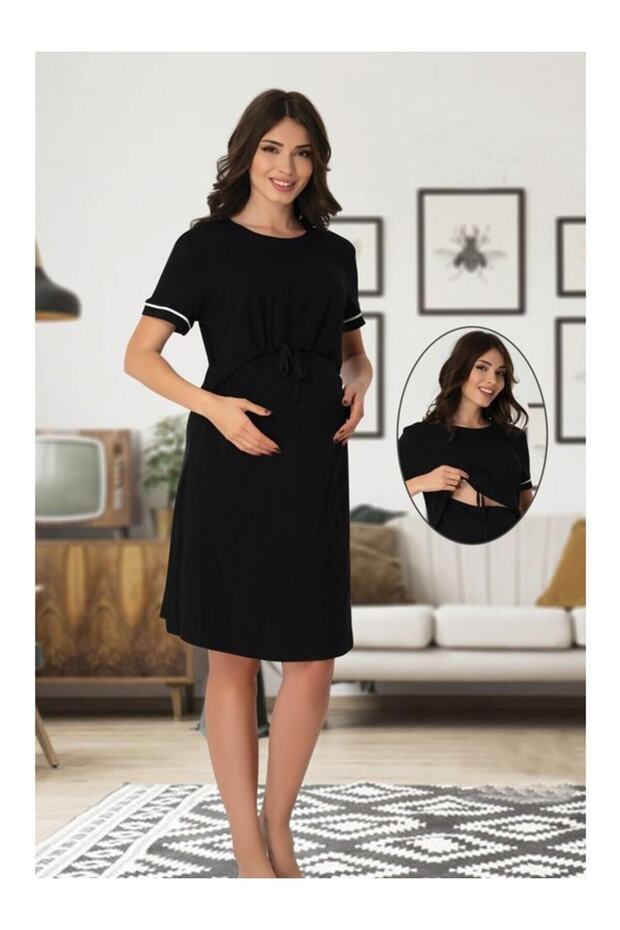 Black Nursing Featured Midi Maternity Maternity Nightgown