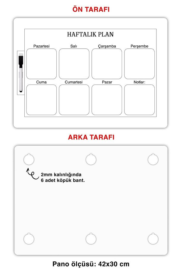 Klasik Haftalık Planlayıcı Yazılıp Silinebilir (42x30) Ders, İş, Rutin Planlama Duvar Panosu - 2