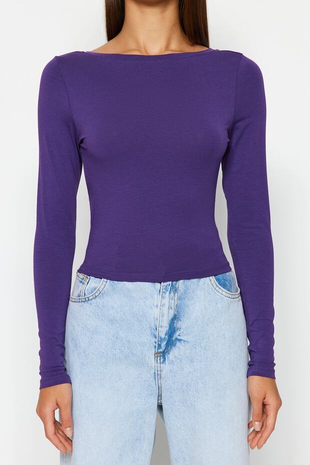 Mor Derin Sırt Dekolteli Fitted/Vücuda Oturan Pamuklu Esnek Örme Bluz TWOAW24BZ00173 - 7