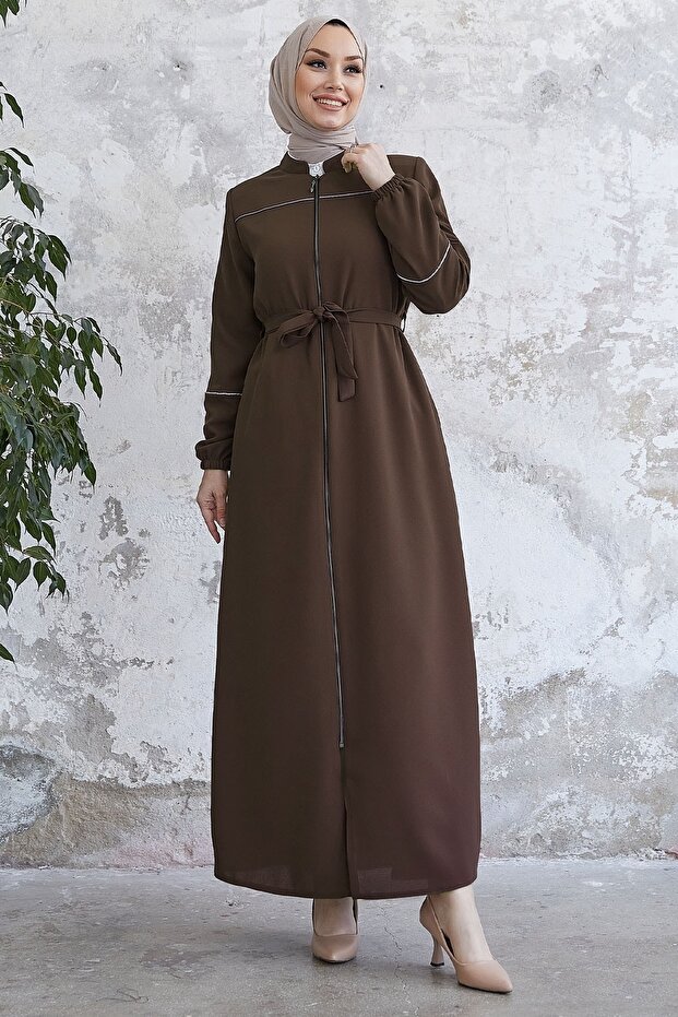 Milena Biye Detail Belted Abaya - Brown