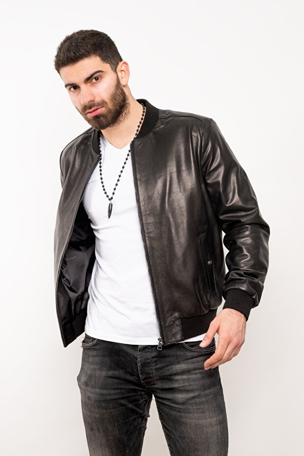 Erkek Siyah Hakiki Deri Basic Bomber Ceket - 1