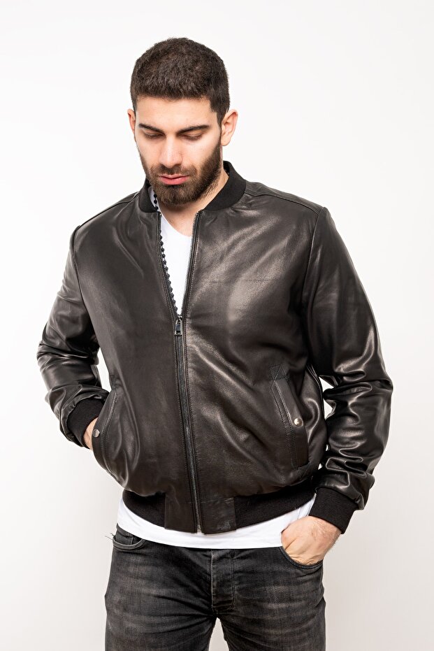 Erkek Siyah Hakiki Deri Basic Bomber Ceket - 3