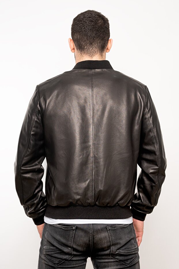 Erkek Siyah Hakiki Deri Basic Bomber Ceket - 4