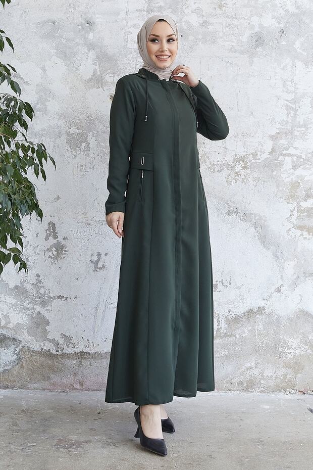 Elena Waist Detailed Hooded Abaya - Khaki