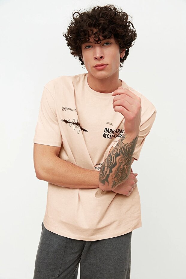 Pudra Oversize/Geniş Kesim Bisiklet Yaka Yazı Baskılı %100 Pamuklu T-Shirt TMNSS20TS1097 - 2