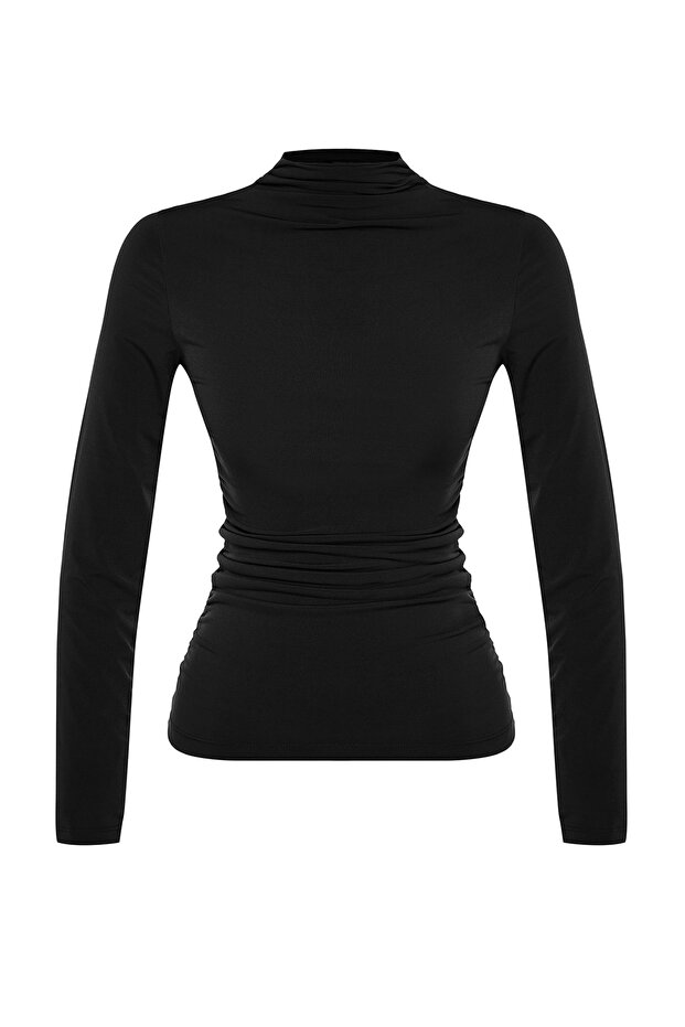 Siyah Büzgü Detaylı Dik Yaka Fitted/Vücuda Uzun Kol Oturan Esnek Örme Bluz TWOAW24BZ00018 - 6