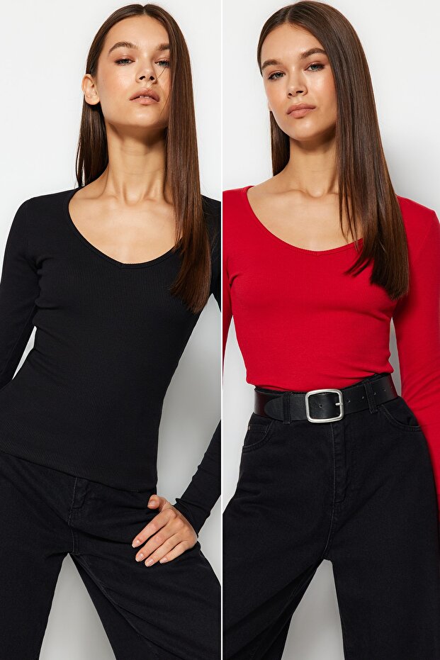 Siyah-Kırmızı 2'li Paket V Yaka Fitted/Vücuda Oturan Pamuklu Esnek Örme Bluz TWOAW24BZ00068 - 1