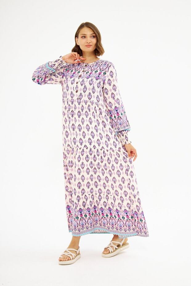 Gathered Sleeve Button Detailed Viscose Dress