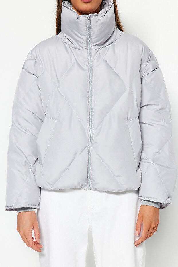 Gri Oversize Kalıp Su İtici Şişme Kapitone Mont TWOAW24MO00146 - 7