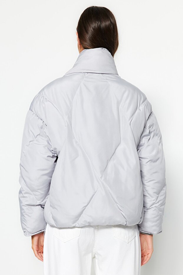 Gri Oversize Kalıp Su İtici Şişme Kapitone Mont TWOAW24MO00146 - 9