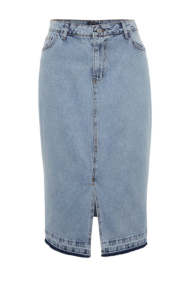 Mavi Ön Yırtmaçlı Midi Boy %100 Pamuk Non-Stretch Büyük Beden Denim Etek TBBSS23AZ00054 - 6