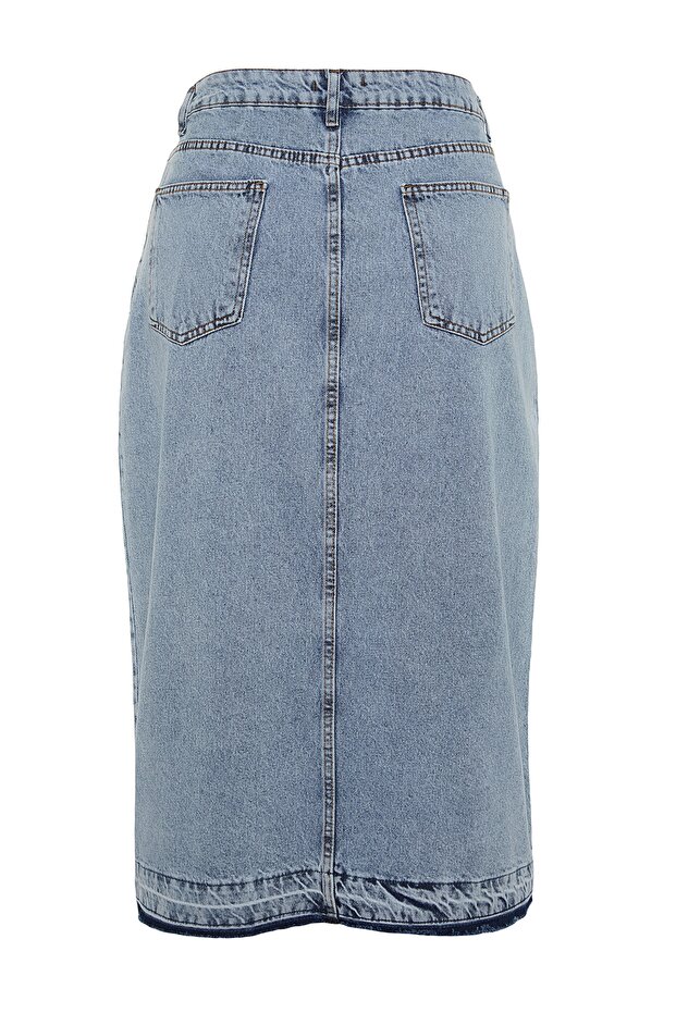 Mavi Ön Yırtmaçlı Midi Boy %100 Pamuk Non-Stretch Büyük Beden Denim Etek TBBSS23AZ00054 - 8