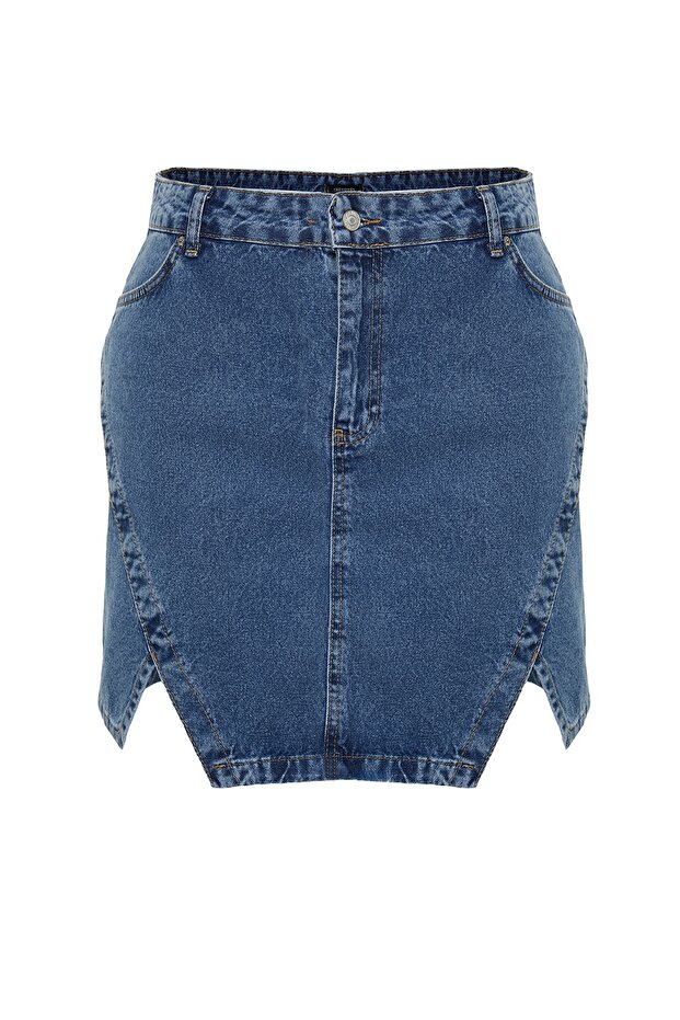 Mavi Çift Yırtmaçlı A line Comofrt/Orta Esnek BüyüK Beden Denim Etek TBBSS23AZ00056 - 6
