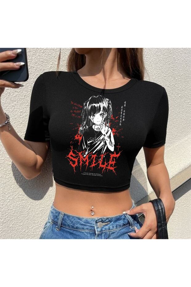 Gothic Girl Smile Printed Black Crop