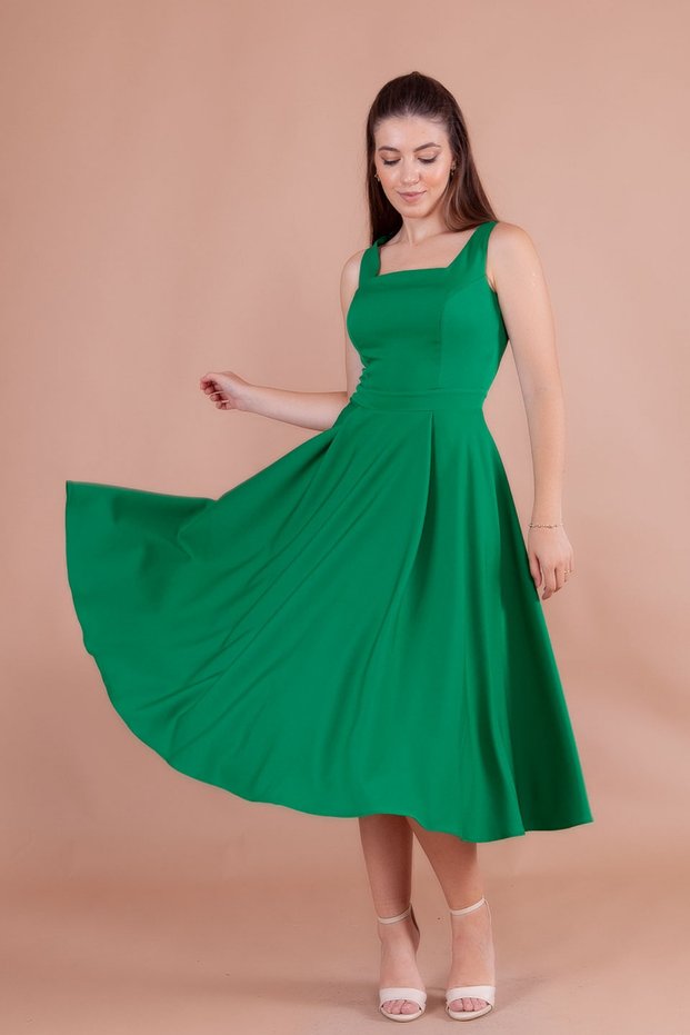 Green Square Collar Thick Strap Midi Dress