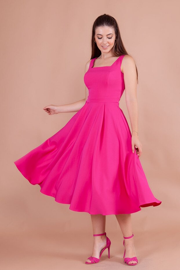 Fuchsia Square Collar Thick Strap Midi Dress