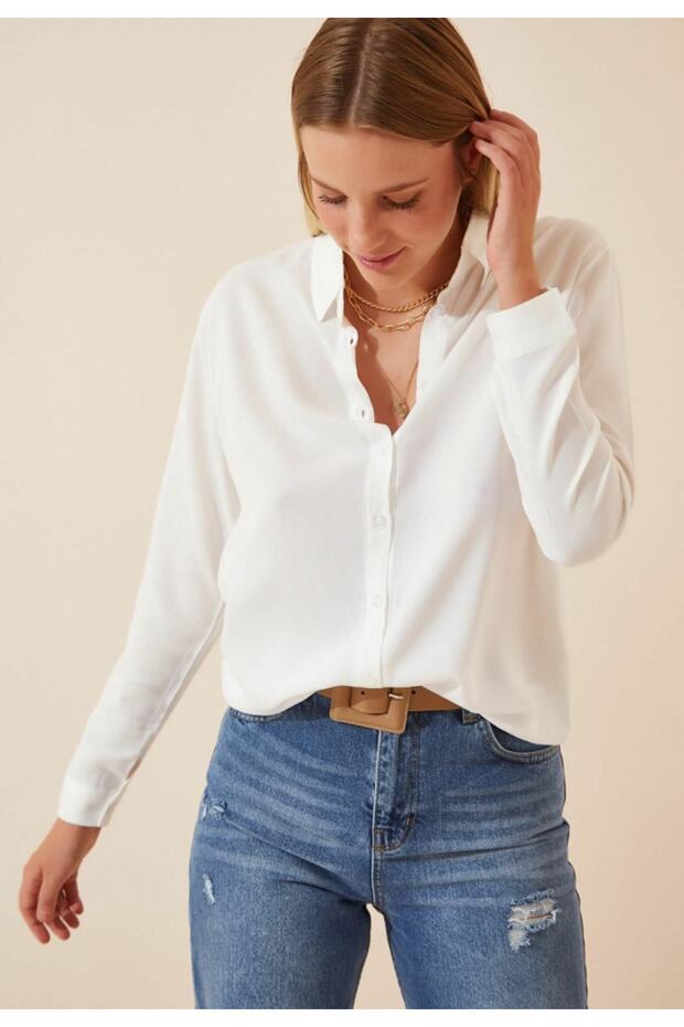 Women's White Basic Woven Viscose Fabric Long Sleeve Shirt