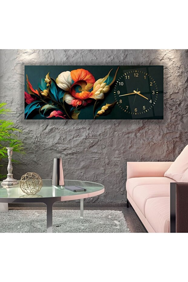 Saatli 3D Çiçekler Cam Tablo - 3