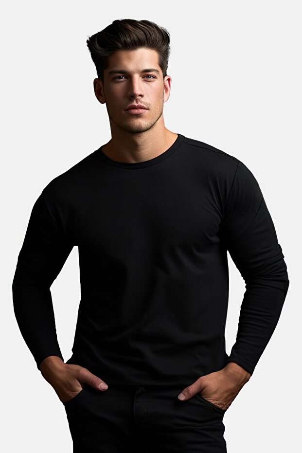 Siyah Basic Regular/Normal Kesim Bisiklet Yaka Uzun Kollu %100 Pamuk Tok Kumaş T-shirt TMNAW21TS0208 - 4