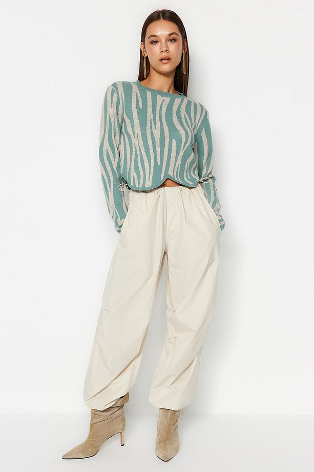 Mint Crop Zebra Desenli Renk Bloklu Triko Kazak TWOAW24KZ00694 - 2
