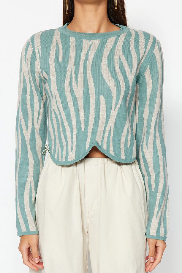 Mint Crop Zebra Desenli Renk Bloklu Triko Kazak TWOAW24KZ00694 - 4