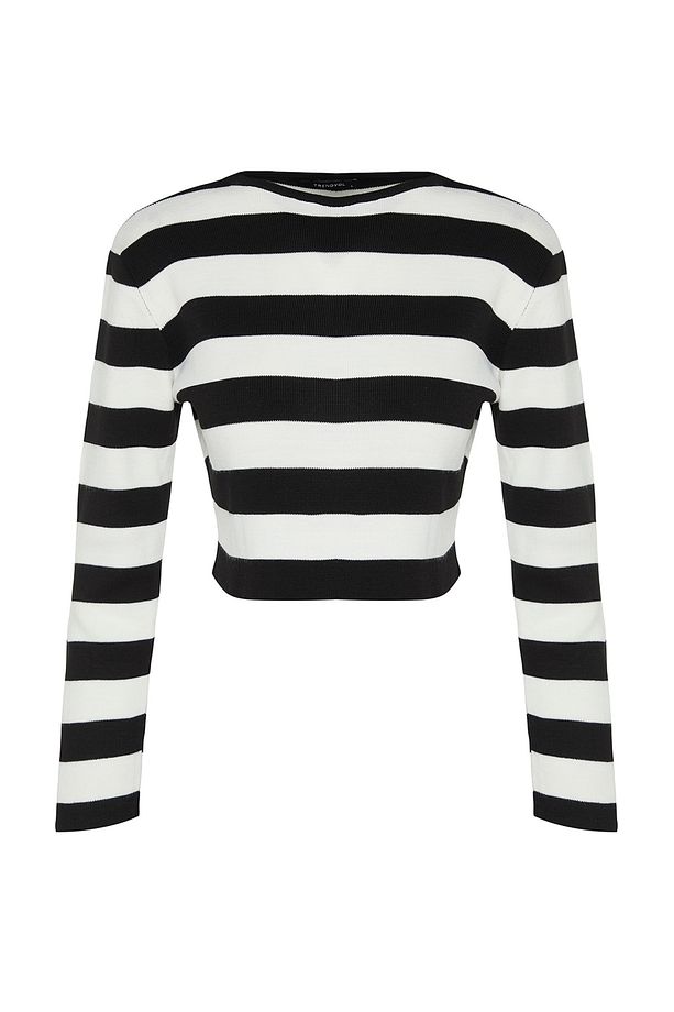 Siyah Crop Basic Çizgili Triko Kazak TWOAW23KZ00034 - 6