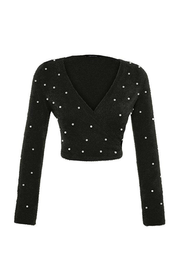 Super Crop Czarny sweter z dzianiny - perłowe detale, futrzany/broda nić Twoaw24Kz00228 - 5