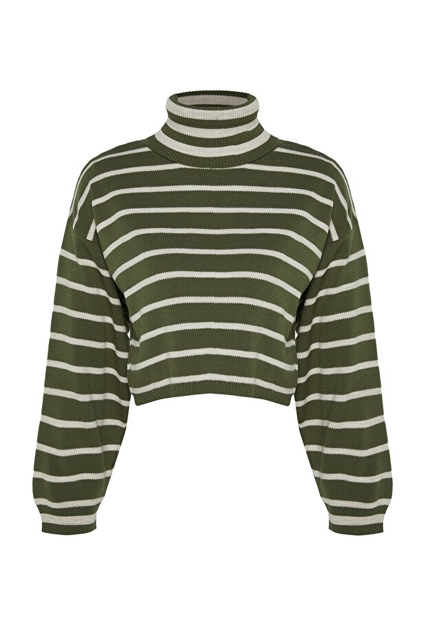 Haki Çizgili Crop Triko Kazak TWOAW24KZ00627 - 6