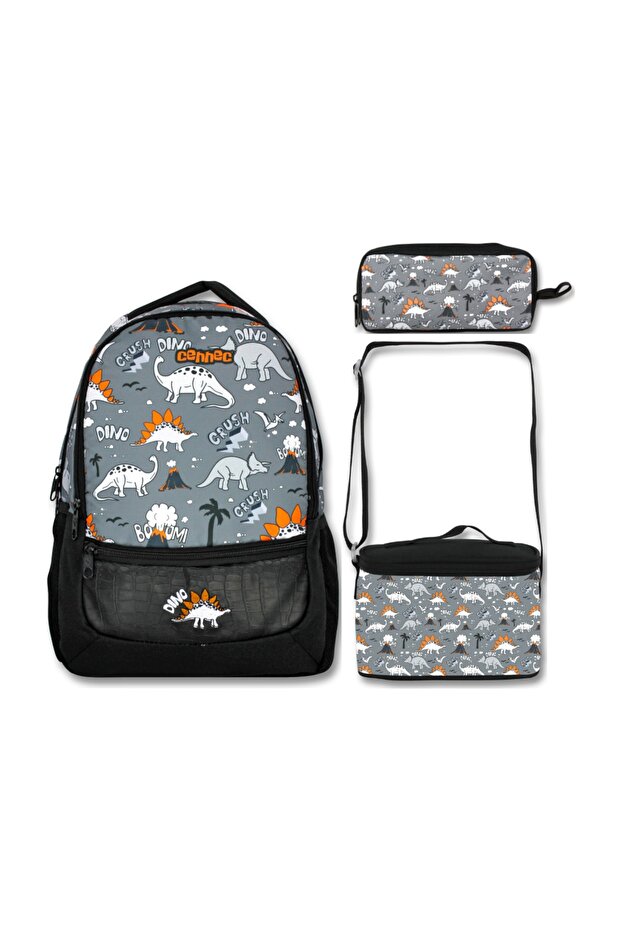 -Umit Bag Black Gray Dinosaur School Bag Lunch and Pencil Bag Set