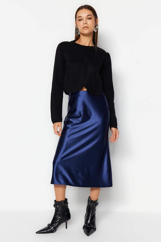 Indigo Saten A Kesim/Çan Form Midi Örme Etek TWOAW24ET00088 - 10