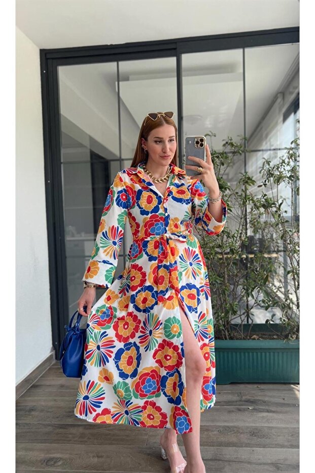 Belted Floral Patterned Shirt Dress