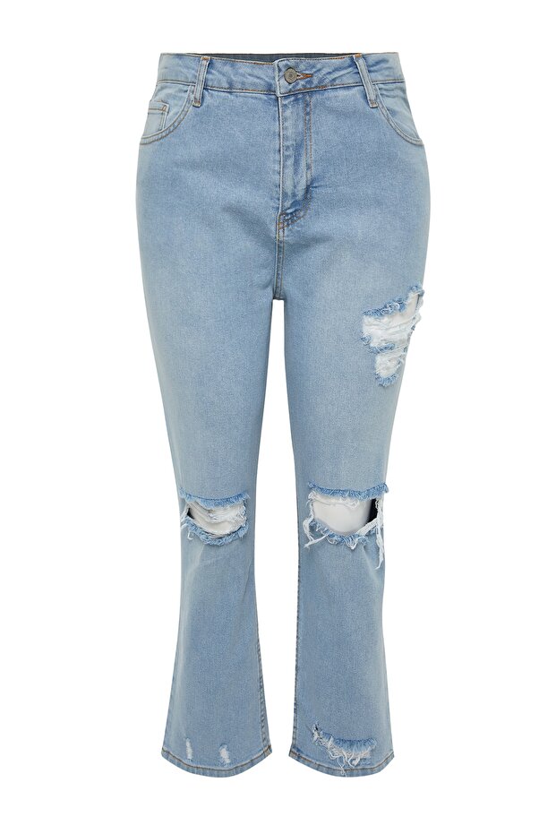 Açık Mavi Yüksek Bel Yırtık Detaylı Esnek Büyük Beden Skinny Jeans TBBSS22JE0187 - 6