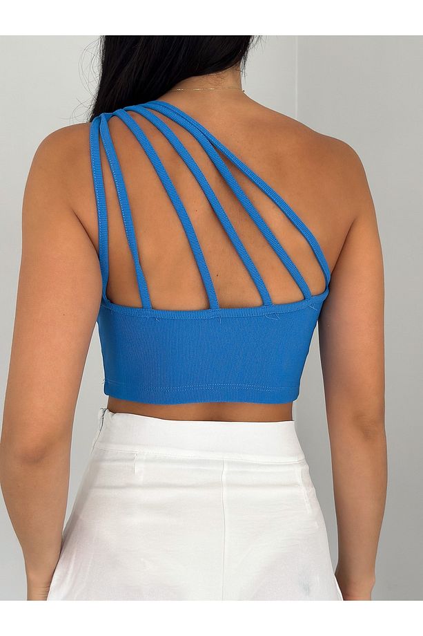 Kadın Sırtı Biyeli Tek Omuz Crop Bluz - 3