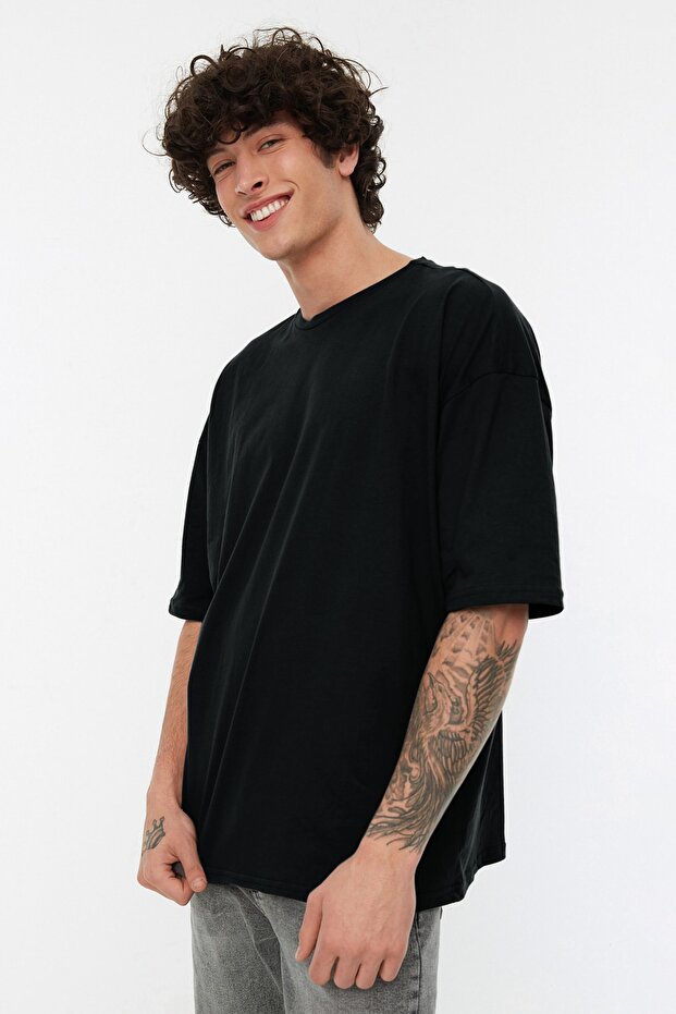 Unisex Siyah Oversize/Geniş Kesim Basic %100 Pamuklu T-Shirt TMNSS22TS0318 - 5