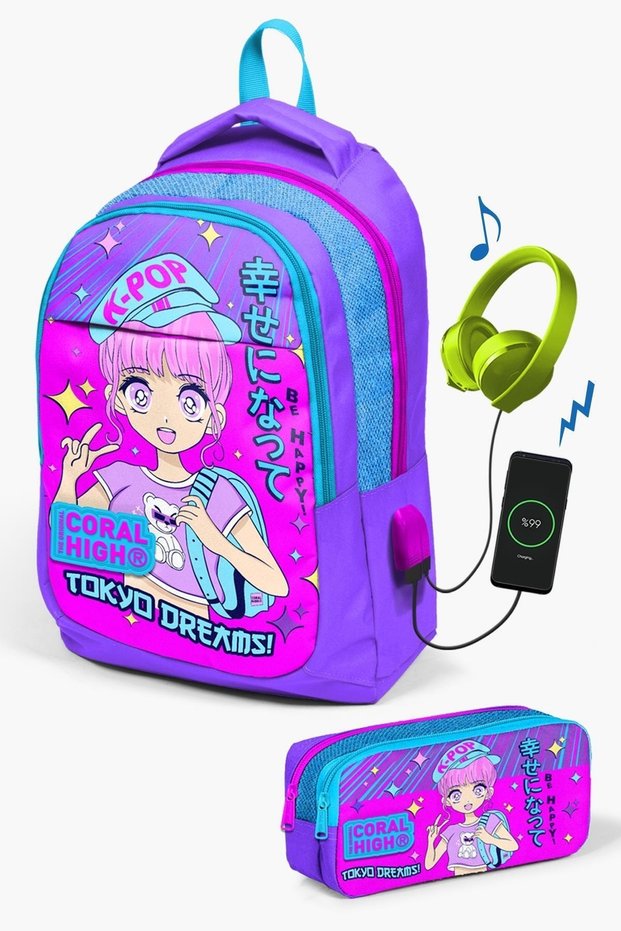 Kids Purple Pink Blue Glittery K-Pop Patterned 2-Piece School Bag Set with USB SET0224316