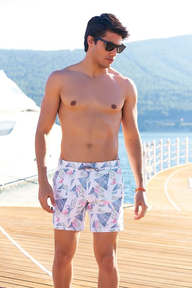 Beyaz Flamingo Desenli Erkek Deniz Şortu - 1