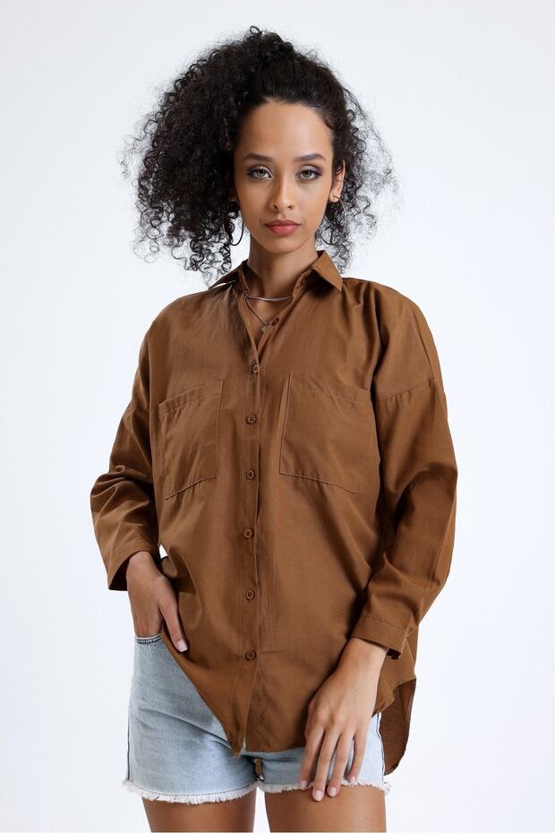 Kadın Kahve Cepli Oversize Uzun Basic Poplin Gömlek - 2