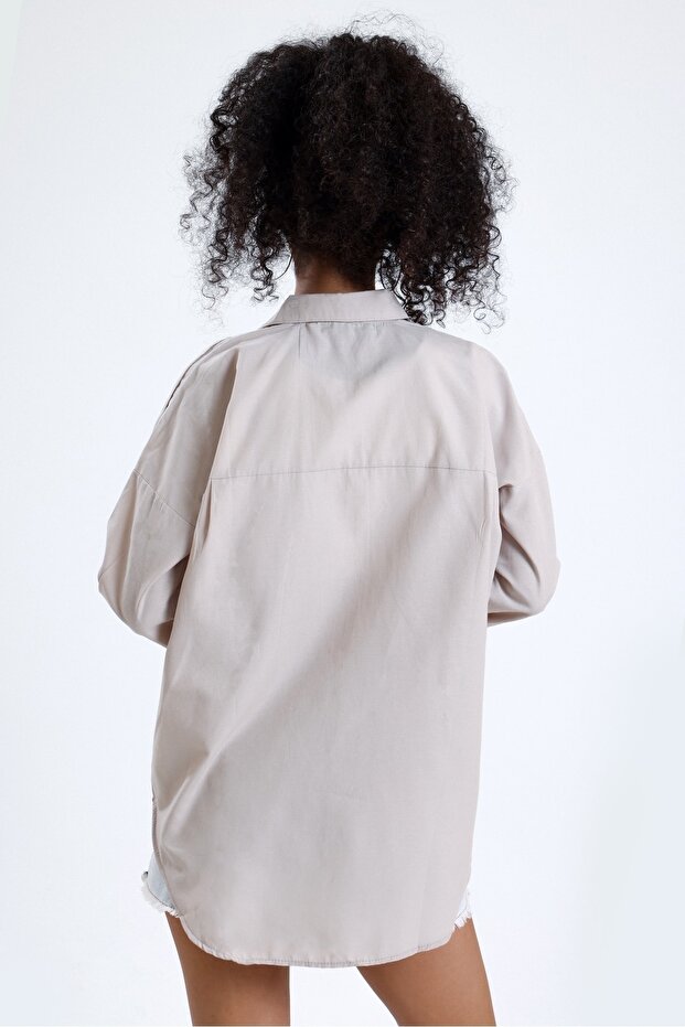 Kadın Bej Cepli Oversize Uzun Basic Poplin Gömlek - 6