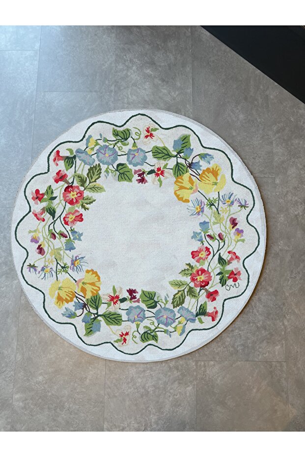 White Garland Flower Theme Woven Base Round Carpet Mira 1431