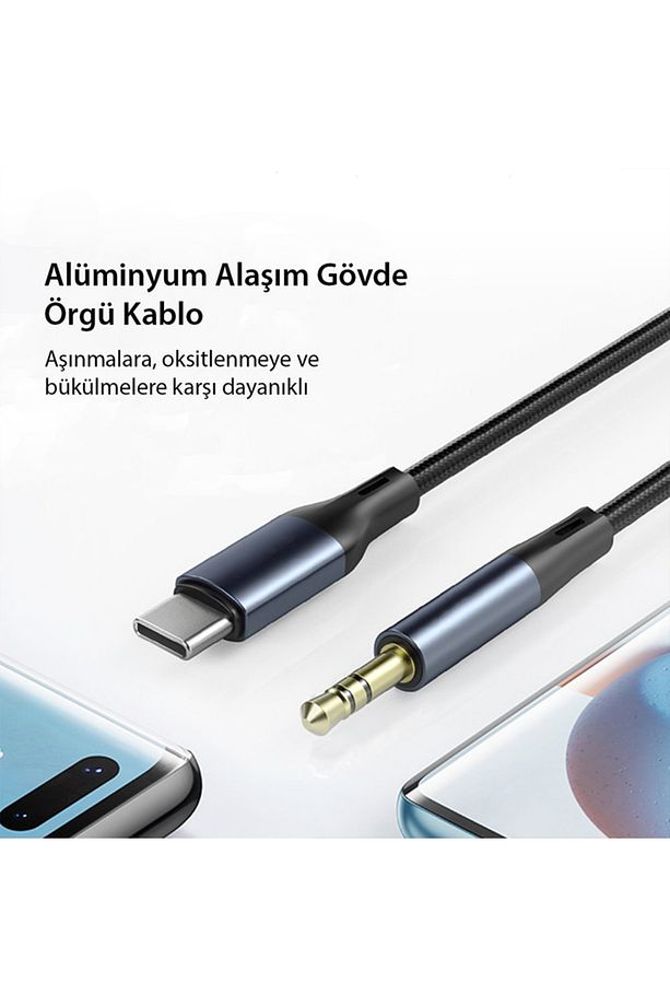 Type-C to 3.5mm Aux Ses Kablosu Hi-Fi Ses Kalitesi Kırılmaz Hasır Örgü Alüminyum Gövde 1 Metre - 4